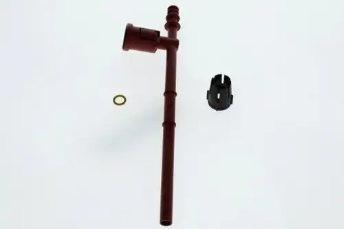 Bosch Gasrohr in Rot, mit einer Winkelverbindung an einem Ende, sowie einem schwarzen Befestigungsclip und einer kleinen Dichtungsgummiring.